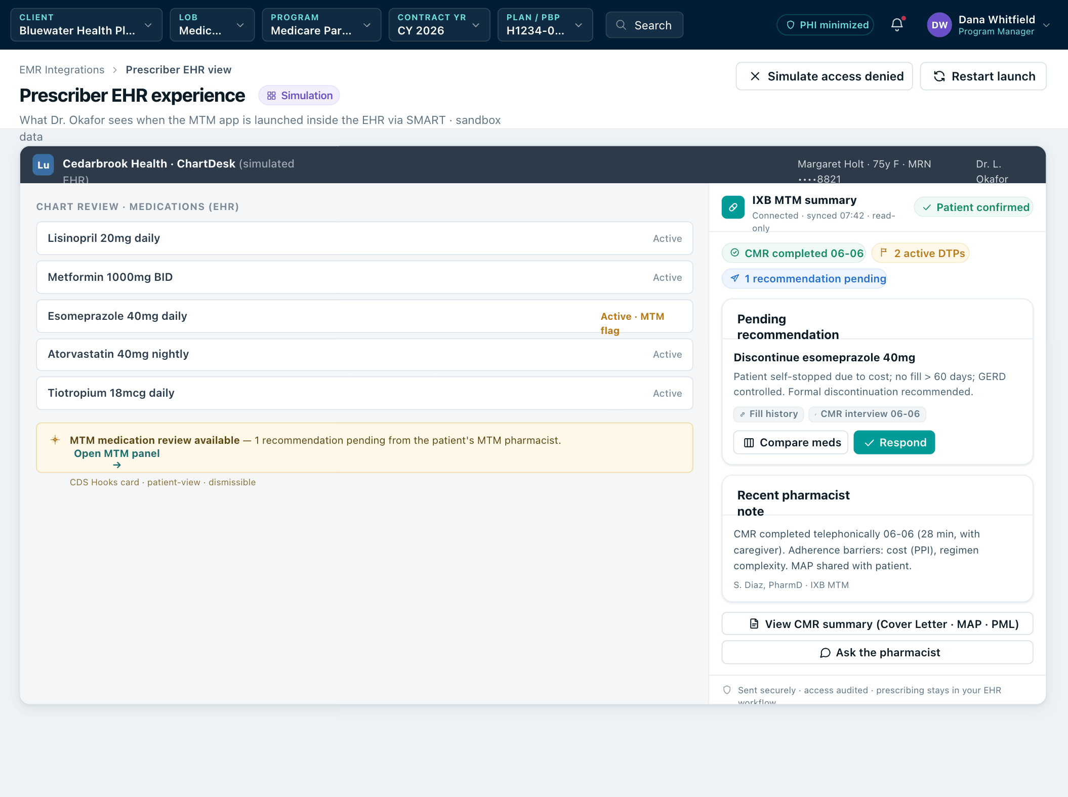 Prescriber EHR experience — MTM summary and pending recommendation surfaced inside the prescriber's EHR
