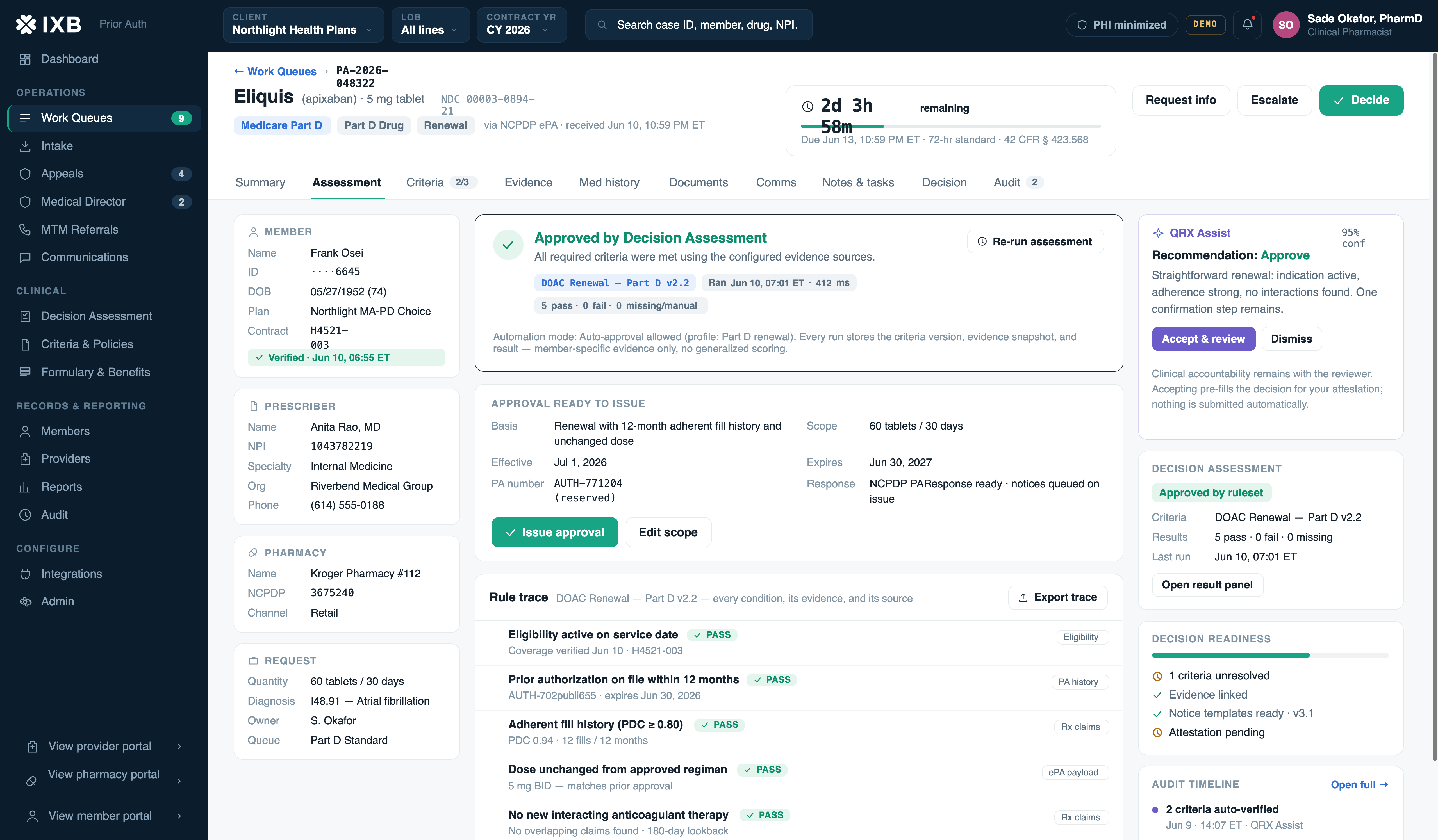 Decision Assessment — rule trace with criteria results, evidence sources, and approval ready to issue