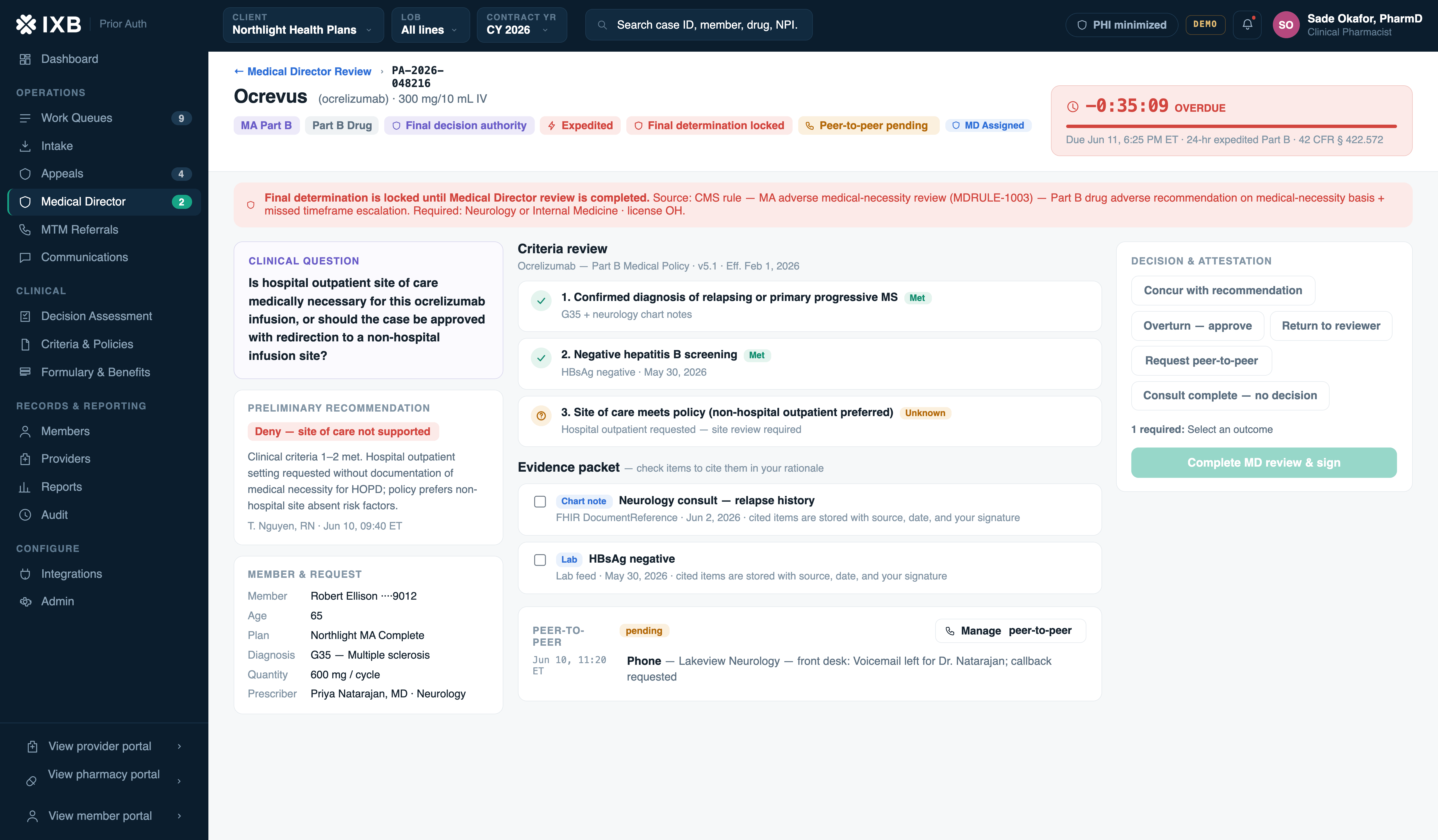 Medical director review — clinical question, criteria review, evidence packet, peer-to-peer tracking, and decision attestation