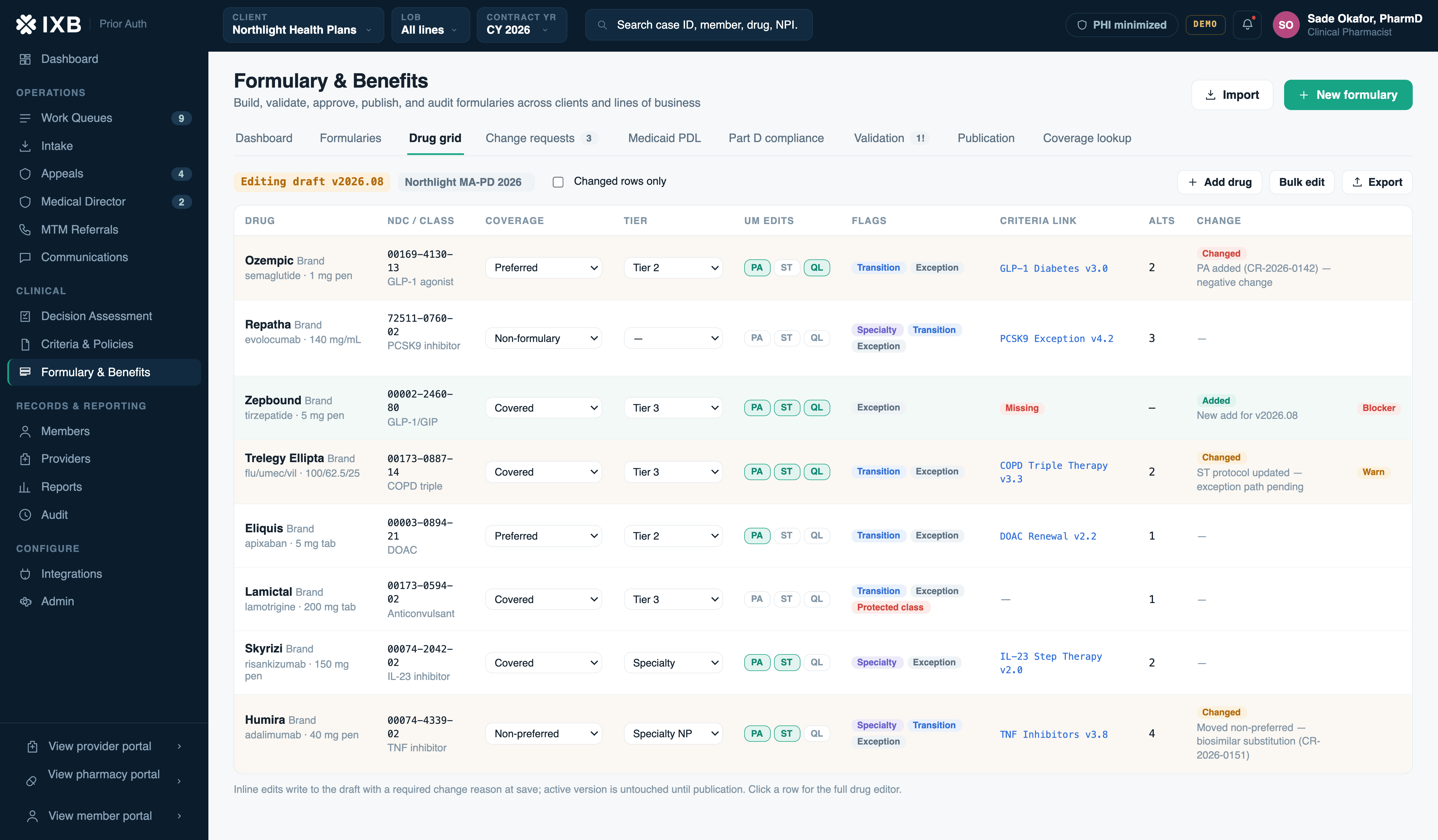 Formulary and benefits drug grid — coverage, tiers, UM edits, criteria links, and change tracking